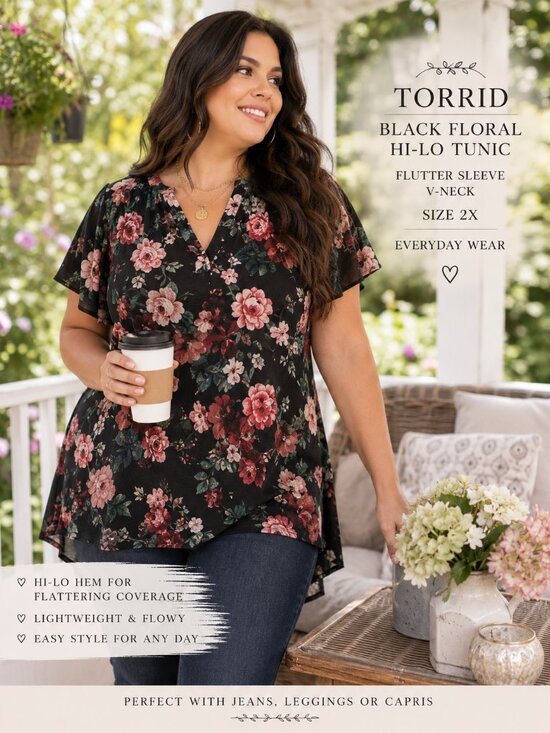 torrid Tops - Torrid Black Floral Hi-Lo Tunic Flutter Sleeve V-Neck Size 2X